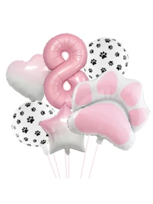 6pcs Animal Theme "Let's Pawty" Dog & Cat Paw Print Foil Balloons, 40 Inch Pink Number Birthday Party Decoration Balloons - Multicolor - View 4
