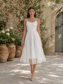 Pure White Geometric Embroidered Mesh A-Line Midi Dress - 白色 - 查看 1