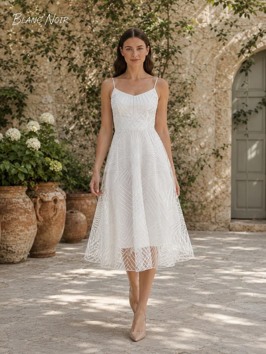 Pure White Geometric Embroidered Mesh A-Line Midi Dress - 白色 - 查看 1
