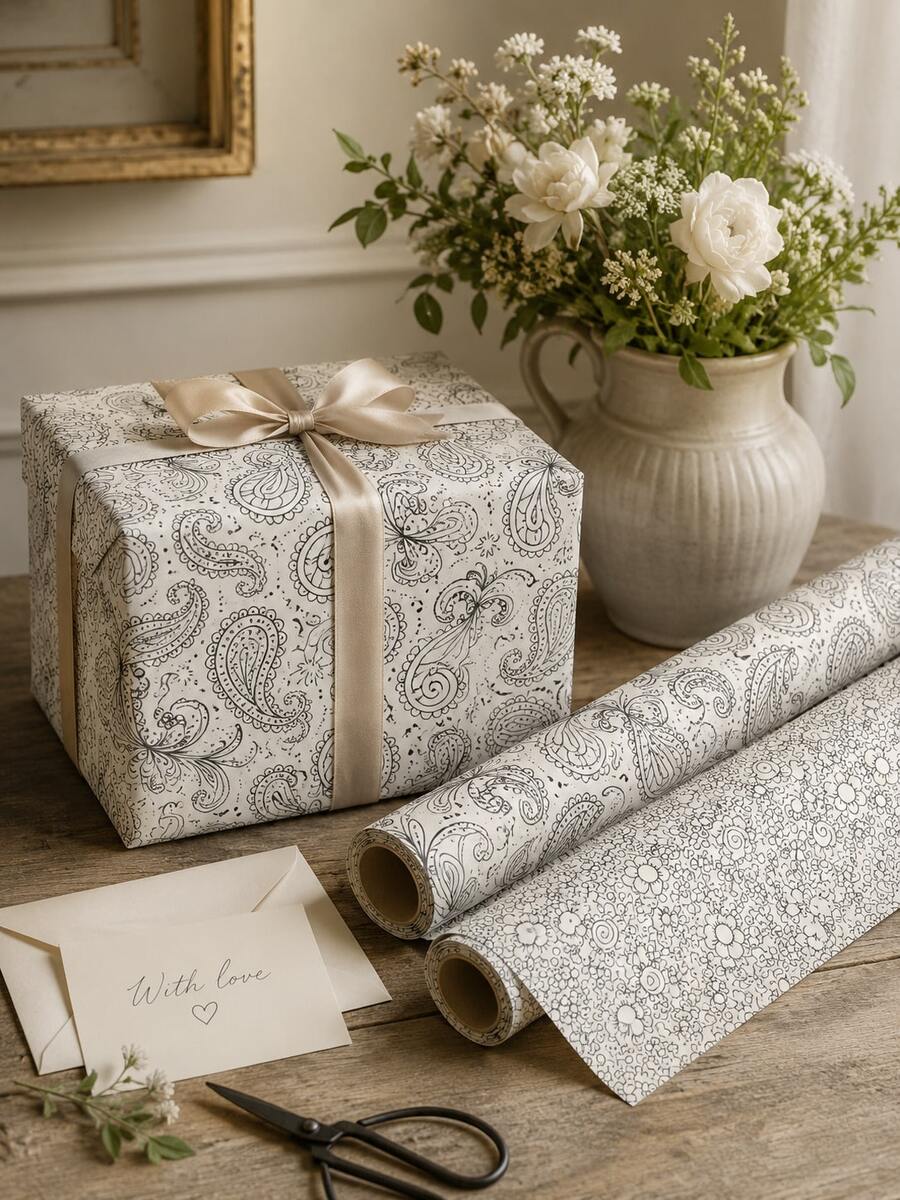2 Rolls, 5m Each, Black & White Coloring Wrapping Paper Set, Floral Doodle & Paisley Print, Easy-Cut Rectangular Gift Wrapping Paper, Suitable For DIY Coloring, Birthday, Party, Wedding, Craft & All-Season Gift Wrapping - Graffiti Flower - View 1