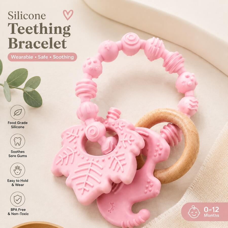 ETETOO 1pc Pink Flower Rabbit Textured Silicone & Wooden Teething Ring, Baby Sensory Teether For Soothing Gum Pain - Multicolor - View 1