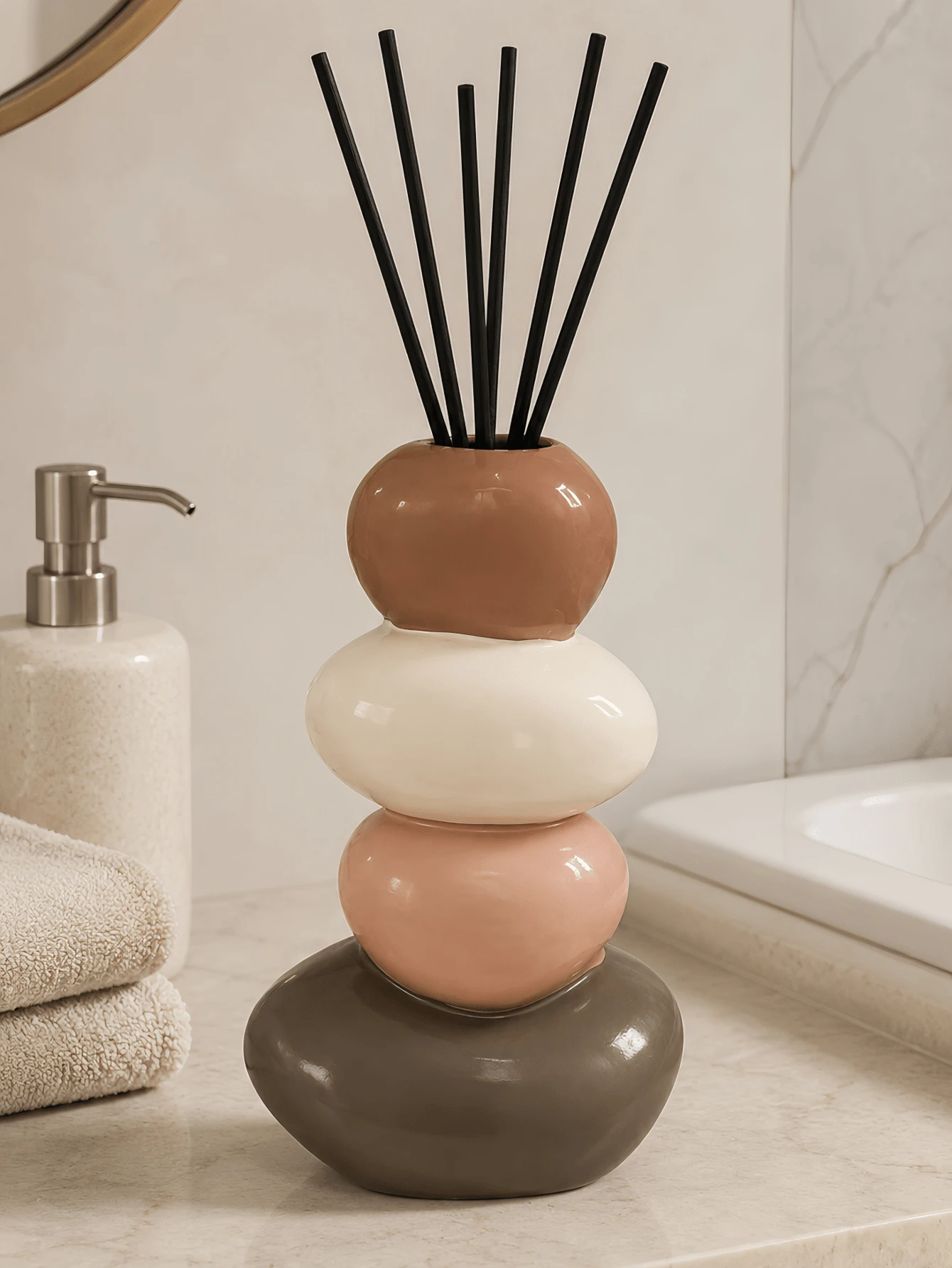 1pc Modern Stacked Pebble Diffuser Bottle, Color Block Or Speckled Cream Aroma Vase, Decorative Home Accent For Bathroom, Bedroom And Living Room - A - View 1