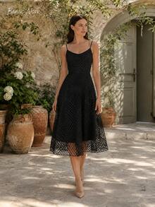 Classic Black Geometric Embroidered Cocktail Midi Dress - 黑色 - 查看 9