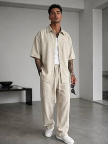 Blueprint Man Men's 2-Piece Set, Apricot Linen-Like Dropped Shoulder Short Sleeve Shirt + Long Pants, Drawstring Waist Design, Comfortable Soft Textured Fabric, Durable And Resistant To Deformation, Casual Fashion Minimalist Old Money Style, Suitable For Daily Commute And Vacation - Apricot - View 1