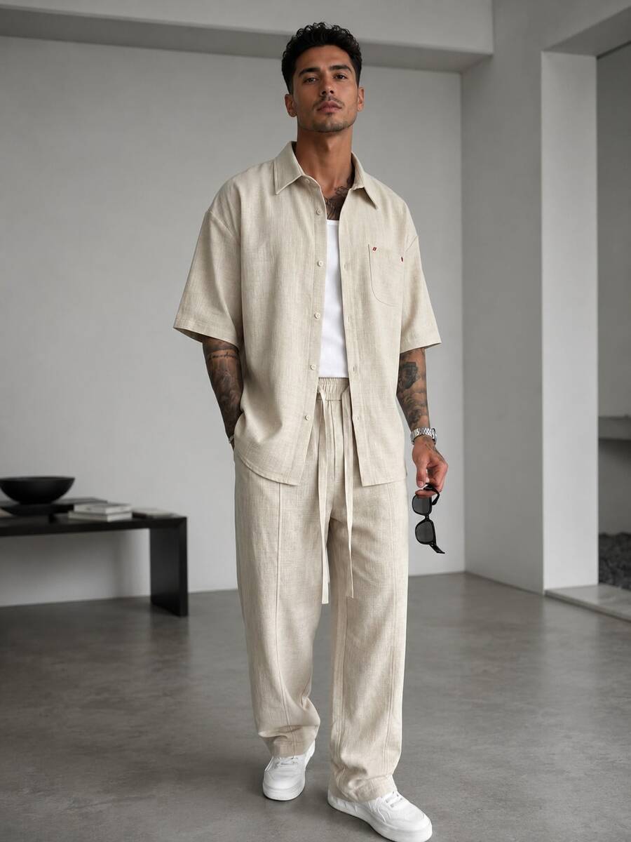 Blueprint Man Men's 2-Piece Set, Apricot Linen-Like Dropped Shoulder Short Sleeve Shirt + Long Pants, Drawstring Waist Design, Comfortable Soft Textured Fabric, Durable And Resistant To Deformation, Casual Fashion Minimalist Old Money Style, Suitable For Daily Commute And Vacation - Apricot - View 1
