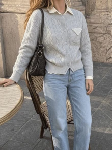 Jaket Kardigan Rajut Kabel Kasual Minimalis Wanita Musim Gugur/Dingin Terbaru - Light Grey - View 4