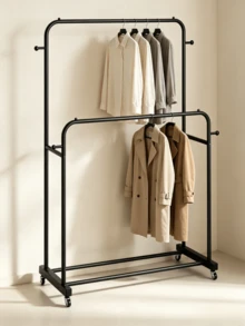 1pc Two-Tier Wheeled Iron Drying Rack, Freestanding Clothes Hanger For Household Use, Movable Balcony Garment Storage Rack - Black - View 6