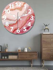 1pc 10/12 Inch Round Wooden Wall Clock, Pink & Gold Marble Design, Silent Quartz Movement, Battery Powered (AA Battery Not Included), Suitable For Bedroom, Kitchen, Study, Garage Or Living Room - Multicolor - View 4