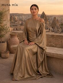 Bronze-goldenes asymmetrisches Satin-Maxikleid im türkischen Stil - Braun - Übersicht 5