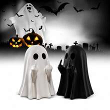 2 Stücke Halloween Geister Figuren, Schwarz-Weiß Geister Statue Dekoration, lustige gotische Geister Ornamente, geeignet für Schreibtisch, Bücherregal, Studiertisch, Spukhaus, Halloween Party, Inneneinrichtung, niedliche und gruselige Geister Motiv Accessoires, Herbst Feiertags Dekoration - mehrfarbig - Übersicht 2