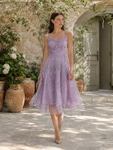 Soft Lavender Geometric Embroidered A-Line Midi Dress - 紫色 - 查看 1