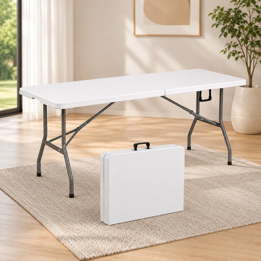 Folding Plastic Table, Rectangular Shape, 180 Centimeters Long, Durable Plastic For Indoor And Outdoor Use, White - White - View 1