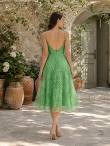 Fresh Green Geometric Embroidered Summer Midi Dress - 綠色 - 查看 5