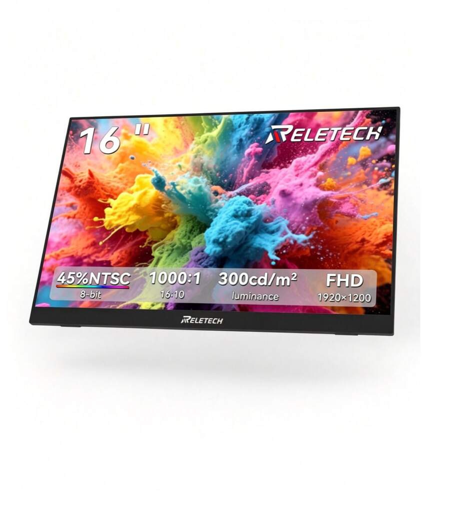 Reletech 16 Inch 1200P Portable Monitor USB-C Ultra-Thin Travel IPS Display, Compatible With Laptop, PC, Switch, Gaming Monitor - Black Lite - View 1