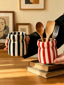 1pc Colorful Striped Kitchen Utensil Holder, Wavy Design Cutlery Organizer Box, Suitable For Spoons, Forks And Chopsticks, Multi-Functional Countertop Storage Cup, Modern Home Decor And Housewarming Gift - Multicolor - View 3