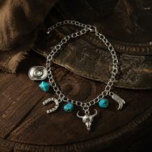 Western Cowboy Style Multi-Pendant Bracelet, Bull Skull, GOOD LUCK Horseshoe, Cowboy Boot, Faux Turquoise Crushed Stone, Distressed Silver Chain Vintage Hand Accessory - Silver - View 2