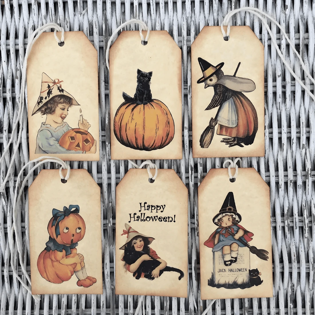 Halloween Paper Gift Tags, Vintage Pumpkin Skull Witch Hanging Tags With Rope, Birthday Packaging DIY Handmade - Vintage a - View 1