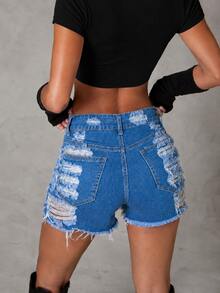 Shorts vaqueros mini con bolsillos diagonales, efecto desgastado y deshilachado, de alta elasticidad, estilo streetwear Y2K rave, ajuste slim, para uso casual en verano - Azul - Ver 4