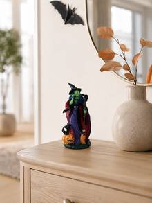 Estátua de Bruxa Assustadora Segurando Vassoura Decoração de Mesa Interna de Halloween Ornamento de Bruxa com Rosto Verde com Abóbora Gato Preto Decoração de Cena de Festa de Feriado Gótico para Casa Outono Lareira Estante de Livros Bandeja de Jantar - Chamada de bruxa - Visão 2