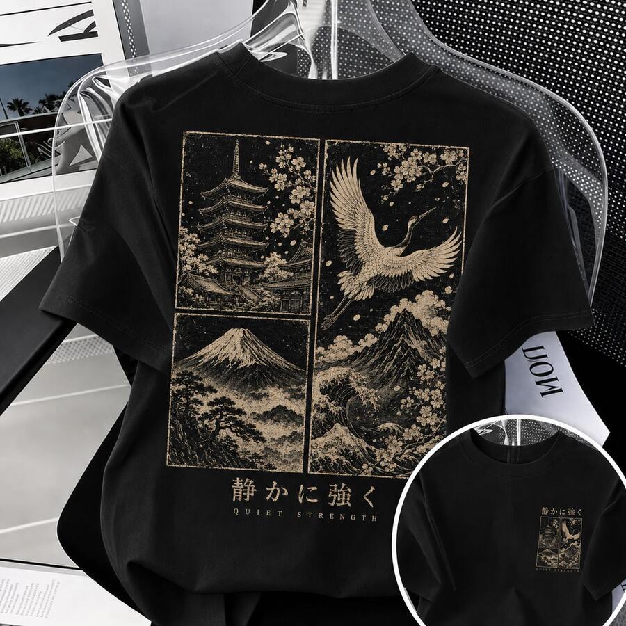 Black Oversized Men's Shirt With Japanese Crane And Mount Print, Vintage Japanese Ukiyo-E Streetwear, Casual Short-Sleeve Crew Neck Shirt.
