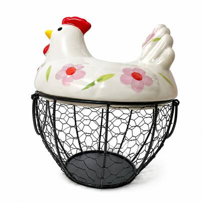 Cesta de huevos de alambre metálico con tapa de cerámica de gallina con diseño floral, organizador recolector de huevos frescos de granja para encimera de cocina, decoración rústica vintage estilo granja, accesorio de cocina viral imprescindible