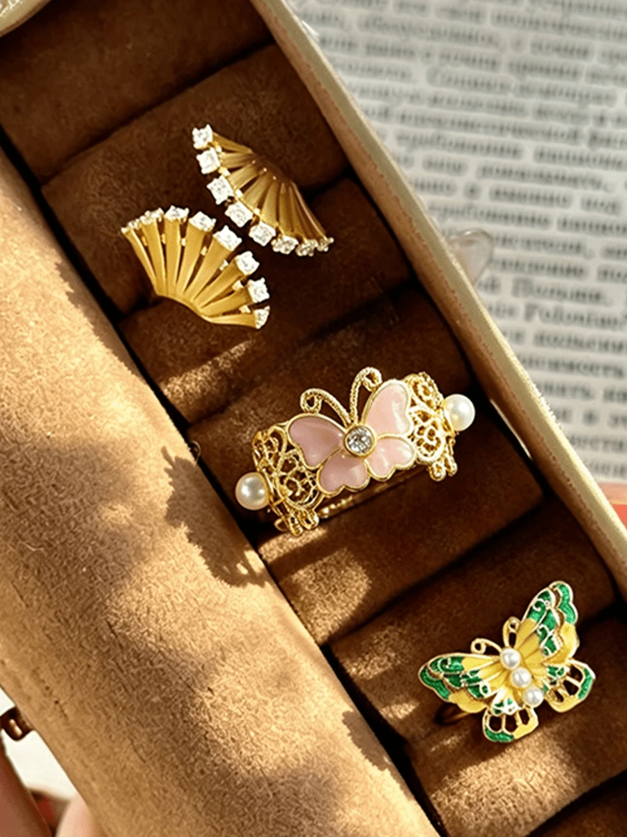 1pc Exquisite Butterfly Fan-Shaped Fashion Cute Style Copper Zirconia Multicolor Women's Open Ring, Suitable For Party, Gathering And Daily Outfit Accessory - Multicolor - View 1