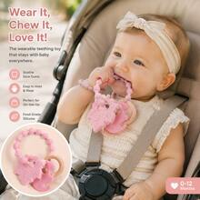 ETETOO 1pc Pink Flower Rabbit Textured Silicone & Wooden Teething Ring, Baby Sensory Teether For Soothing Gum Pain - Multicolor - View 4