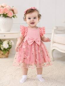 Summer Baby Girl Casual Cute Holiday Style Ribbed Patchwork Bow Decor Floral Double-Layer Mesh Dress - Pink - View 1