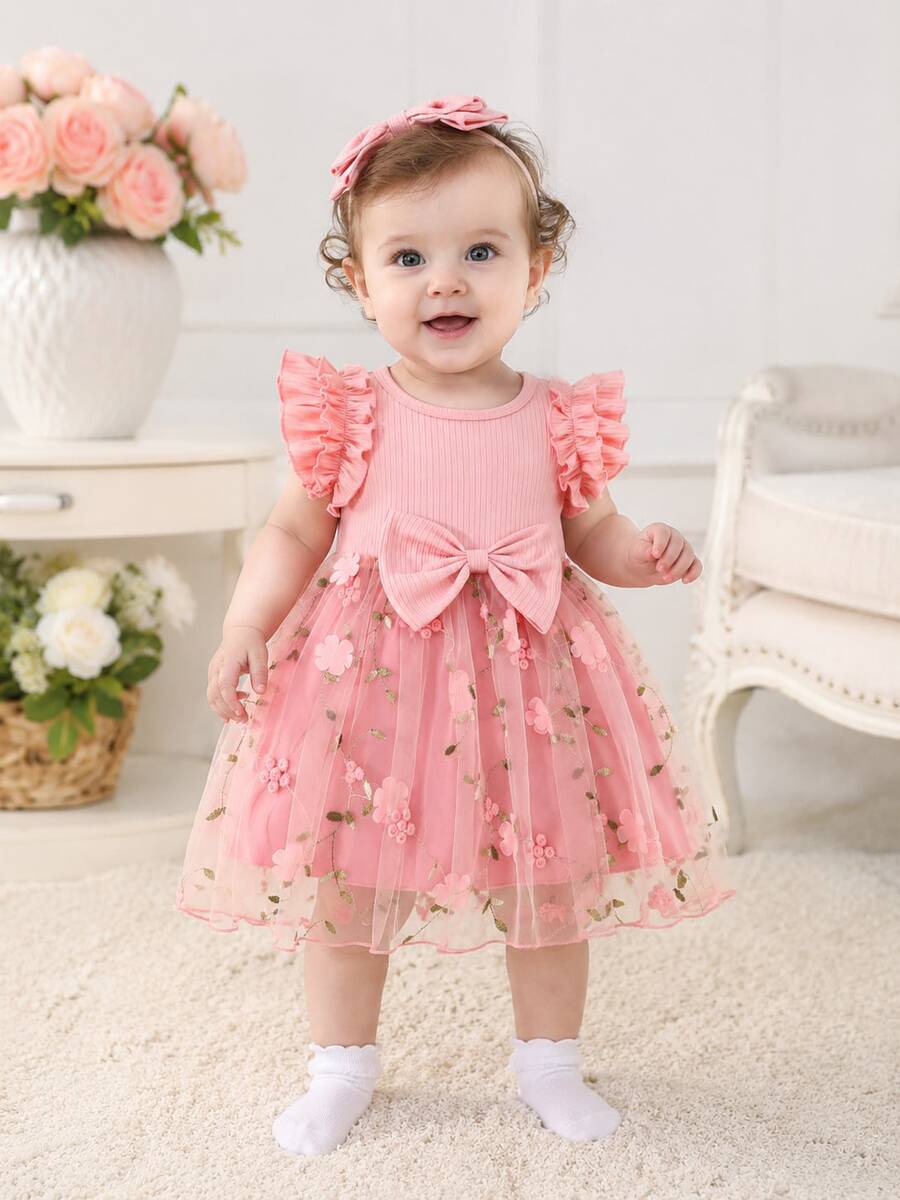Summer Baby Girl Casual Cute Holiday Style Ribbed Patchwork Bow Decor Floral Double-Layer Mesh Dress - Pink - View 1