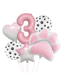 6pcs Animal Theme "Let's Pawty" Dog & Cat Paw Print Foil Balloons, 40 Inch Pink Number Birthday Party Decoration Balloons - Multicolor - View 14