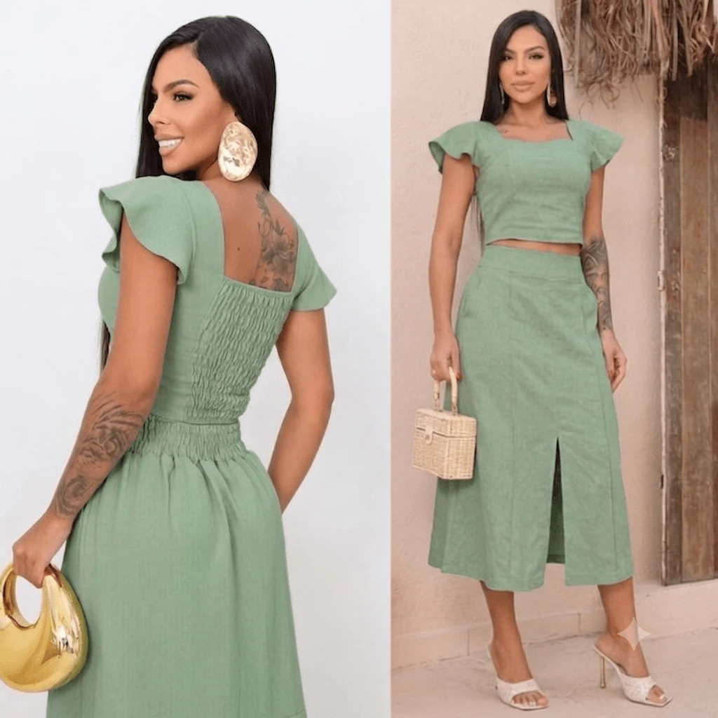 Women's Tailored Cropped Ruffle Sleeve Midi Skirt Set Front Slit High Waist Elegant Women's Fashion ✨ - 薄荷綠 - 查看 1