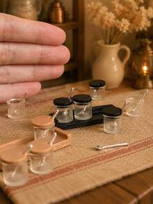 Miniature Dollhouse Miniature Seasoning Jar Model Set, 1:12 Scale Model House Black And Brown Seasoning Jar Decor, With Small Spoon And Tray Model, Mini Kitchen Scene Decoration And Photography Prop - one-size - View 2