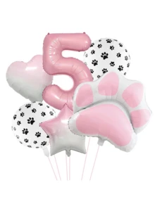 6pcs Animal Theme "Let's Pawty" Dog & Cat Paw Print Foil Balloons, 40 Inch Pink Number Birthday Party Decoration Balloons - Multicolor - View 13