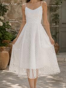 Pure White Geometric Embroidered Mesh A-Line Midi Dress - 白色 - 查看 10