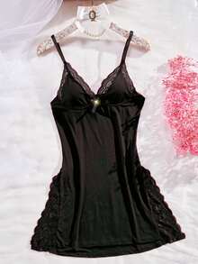 3pcs Of Women's Solid Lace Nightdress, Lace Panels, Skirt Side Slits, Sexy Lace Home Nightdress - 彩色 - 查看 6