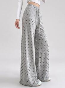 Never me Women's Polka Dot Print Drawstring Waist Wide Leg Sports Pants, Suitable For Daily Commute, Outdoor Jogging And Casual Wear - Grey - View 1