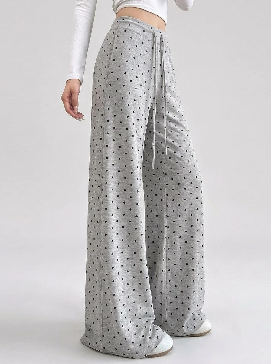 Never me Women's Polka Dot Print Drawstring Waist Wide Leg Sports Pants, Suitable For Daily Commute, Outdoor Jogging And Casual Wear - Grey - View 1