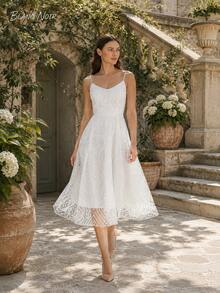 Pure White Geometric Embroidered Mesh A-Line Midi Dress - 白色 - 查看 12