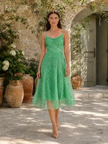 Fresh Green Geometric Embroidered Summer Midi Dress - 綠色 - 查看 3