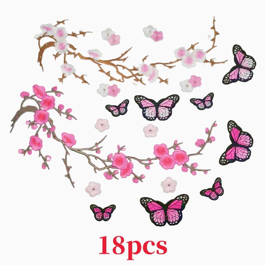 18 Stücke/Set Pflaumenblüten- und Schmetterlings-Stickerei-Patches, Bügelpatches, Kleidung Dekorations-Patches - A - Übersicht 1