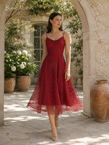 Vestido Midi de Cóctel con Bordado Geométrico Rojo Llamativo - Rojo - Ver 6