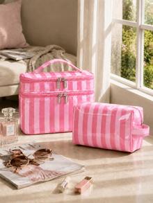 Striped Travel Makeup Bag Set, Fashionable Double Layer Design Cosmetic Organizer, Large Capacity Essentials And Daily Travel Storage Bag - Multicolor - View 14