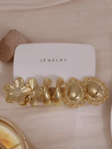 6-24pcs Gold Fashion Elegant Women's Earrings Set, Heart, Stripe, Flower, Flower, Hoop, Water Drop, Hollow Lace Design, Suitable For Summer Outings - Gold - View 5