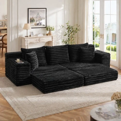 Cord Fabric Sofa With Seat Compression Function, High Backrest & Extra Cushions, Double-Sided Pockets & Cup Holders - Black - View 1