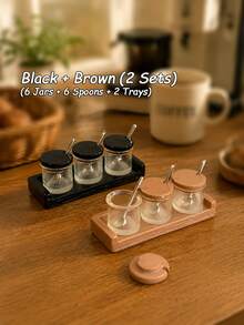 Miniature Dollhouse Miniature Seasoning Jar Model Set, 1:12 Scale Model House Black And Brown Seasoning Jar Decor, With Small Spoon And Tray Model, Mini Kitchen Scene Decoration And Photography Prop - one-size - View 9