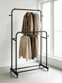 1pc Two-Tier Wheeled Iron Drying Rack, Freestanding Clothes Hanger For Household Use, Movable Balcony Garment Storage Rack - Black - View 4