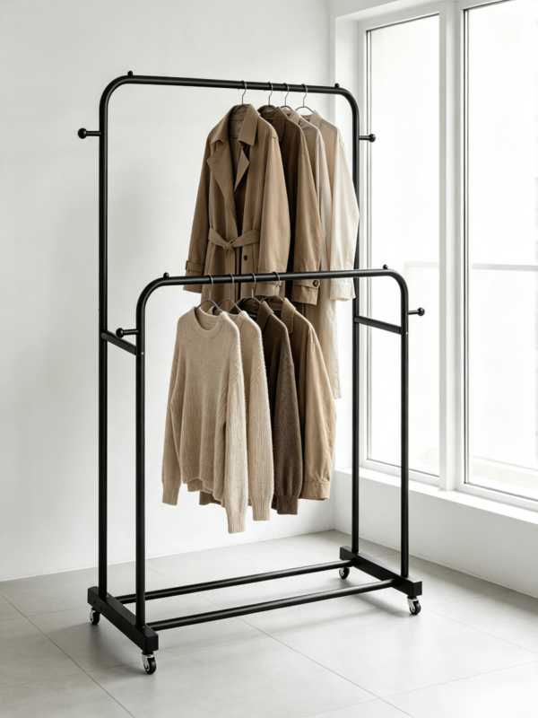 1pc Two-Tier Wheeled Iron Drying Rack, Freestanding Clothes Hanger For Household Use, Movable Balcony Garment Storage Rack