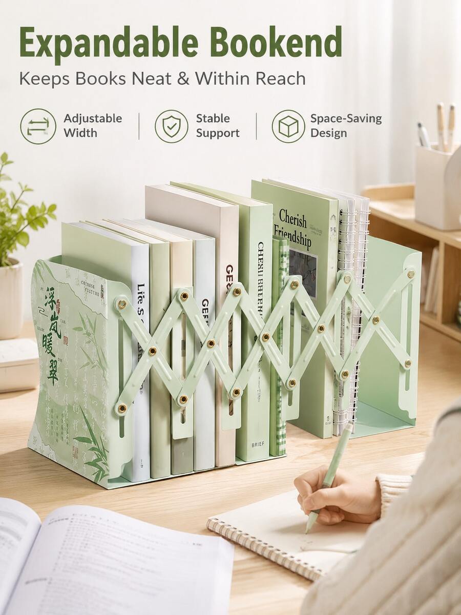 1pc Chinese Style Expandable Bookshelf, Foldable Desktop Book Organizer With Adjustable Bookends, Creative Bookshelf Stand, Suitable For Students, Middle School And High School, Office Desk Accessory, School And Office Supplies - Multiple Options Available - View 1