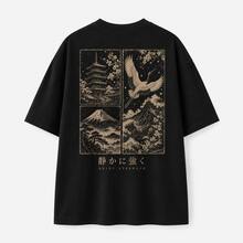 Black Oversized Men's Shirt With Japanese Crane And Mount Print, Vintage Japanese Ukiyo-E Streetwear, Casual Short-Sleeve Crew Neck Shirt. - Black - View 4