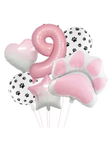 6pcs Animal Theme "Let's Pawty" Dog & Cat Paw Print Foil Balloons, 40 Inch Pink Number Birthday Party Decoration Balloons - Multicolor - View 3